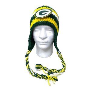 Green Bay Packers Knit Striped Pom Earflap Winter Hat Warm Football Fan NFL